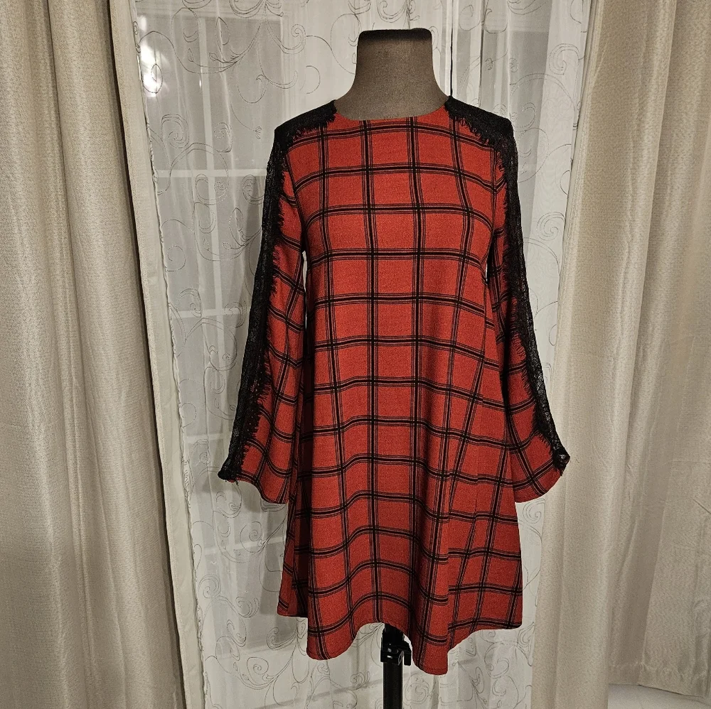 Gianni Bini Red Black Lace Plaid Whimsigoth Business Casual Midi Dress XS - Picture 7 of 16
